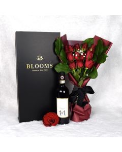 Valentines Day 12 Stem Red Rose Bouquet With Box & Wine
