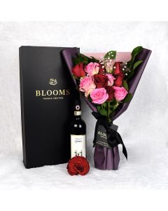 Valentines Day 12 Stem Red & Pink Rose Bouquet With Box & Wine
