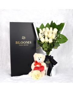 Valentine’s Day 12 Stem White Rose Bouquet With Box & Bear