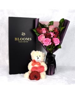 Valentine's Day 12 Stem Red & Pink Rose Bouquet With Box & Bear