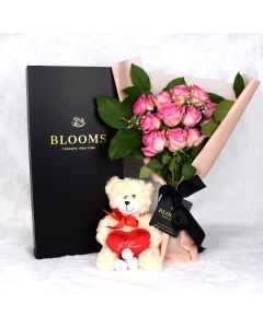 Valentines Day 12 Stem Pink Rose Bouquet With Box & Bear
